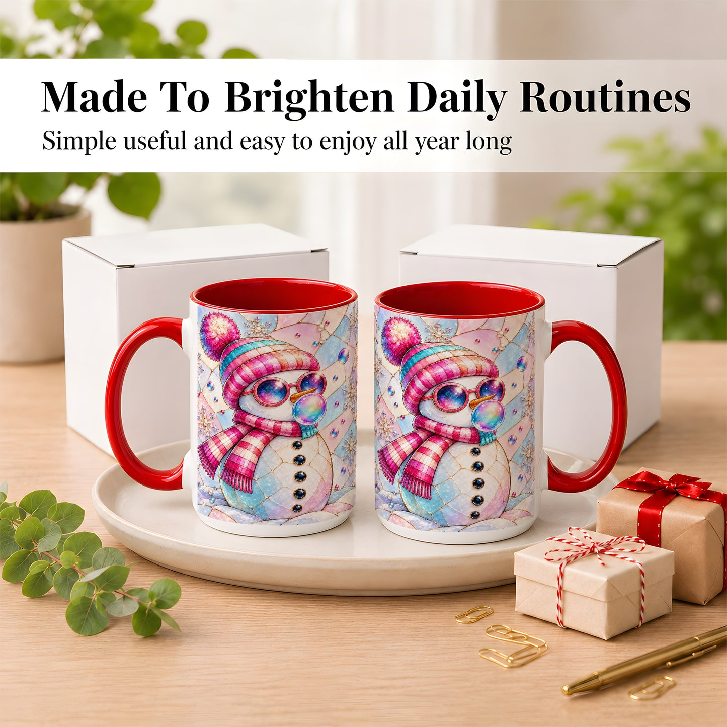 #pl[15oz|Red] Colorful Snowman Coffee Mug, Pastel Winter Mug, Ceramic Cup
