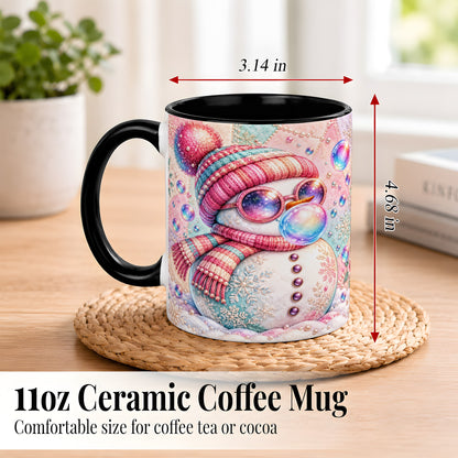 #pl[11oz|Black] Pink Snowman Coffee Mug, Cozy Winter Snowman Mug, Ceramic Cup