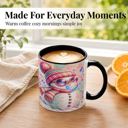 #pl[11oz|Black] Pink Snowman Coffee Mug, Cozy Winter Snowman Mug, Ceramic Cup