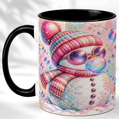 #pl[11oz|Black] Pink Snowman Coffee Mug, Cozy Winter Snowman Mug, Ceramic Cup