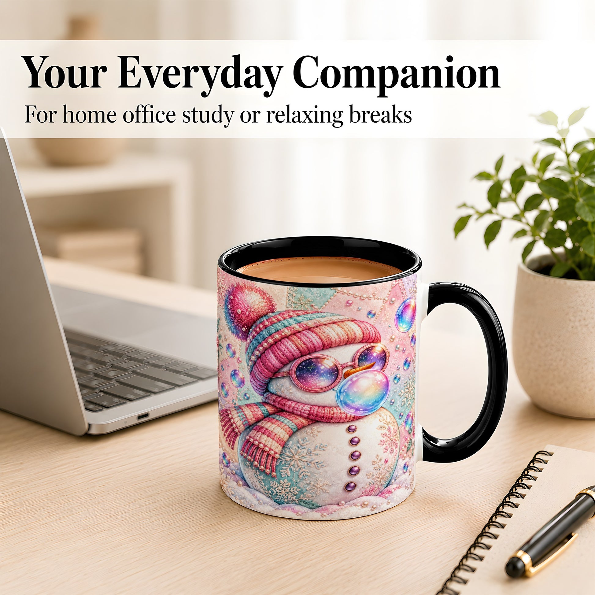 #pl[11oz|Black] Pink Snowman Coffee Mug, Cozy Winter Snowman Mug, Ceramic Cup