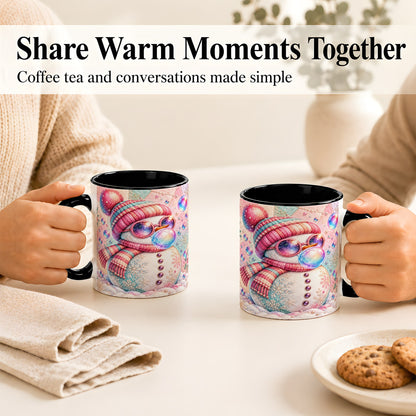 #pl[11oz|Black] Pink Snowman Coffee Mug, Cozy Winter Snowman Mug, Ceramic Cup
