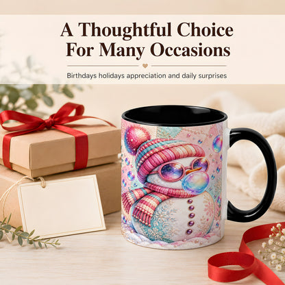 #pl[11oz|Black] Pink Snowman Coffee Mug, Cozy Winter Snowman Mug, Ceramic Cup