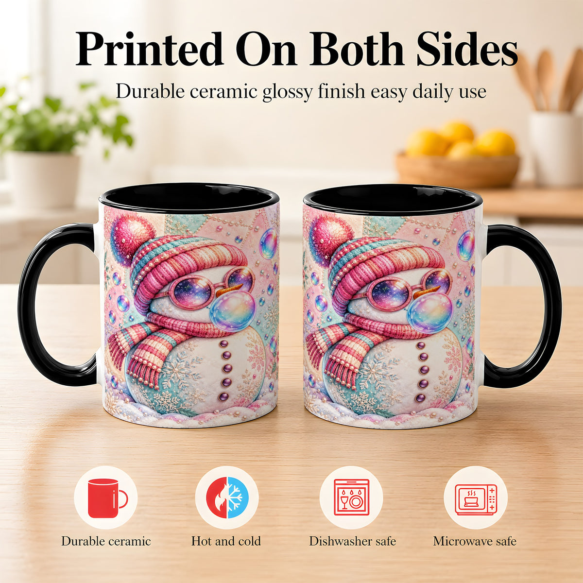 #pl[11oz|Black] Pink Snowman Coffee Mug, Cozy Winter Snowman Mug, Ceramic Cup