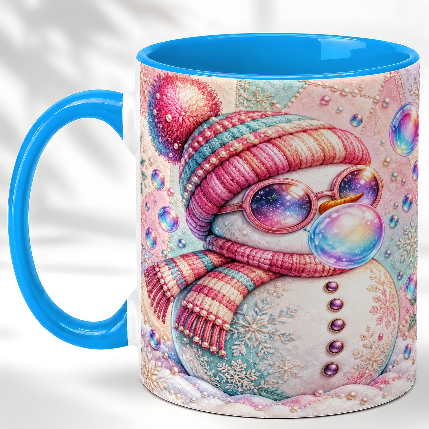 #pl[11oz|Blue] Pink Snowman Coffee Mug, Cozy Winter Snowman Mug, Ceramic Cup