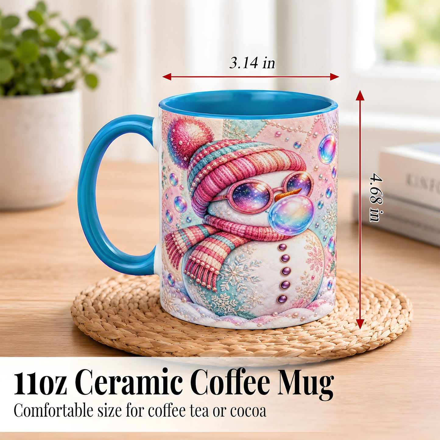 #pl[11oz|Blue] Pink Snowman Coffee Mug, Cozy Winter Snowman Mug, Ceramic Cup