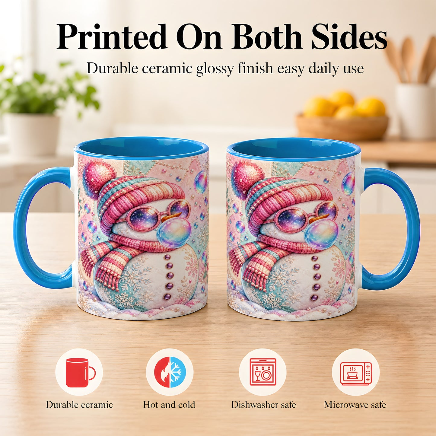#pl[11oz|Blue] Pink Snowman Coffee Mug, Cozy Winter Snowman Mug, Ceramic Cup