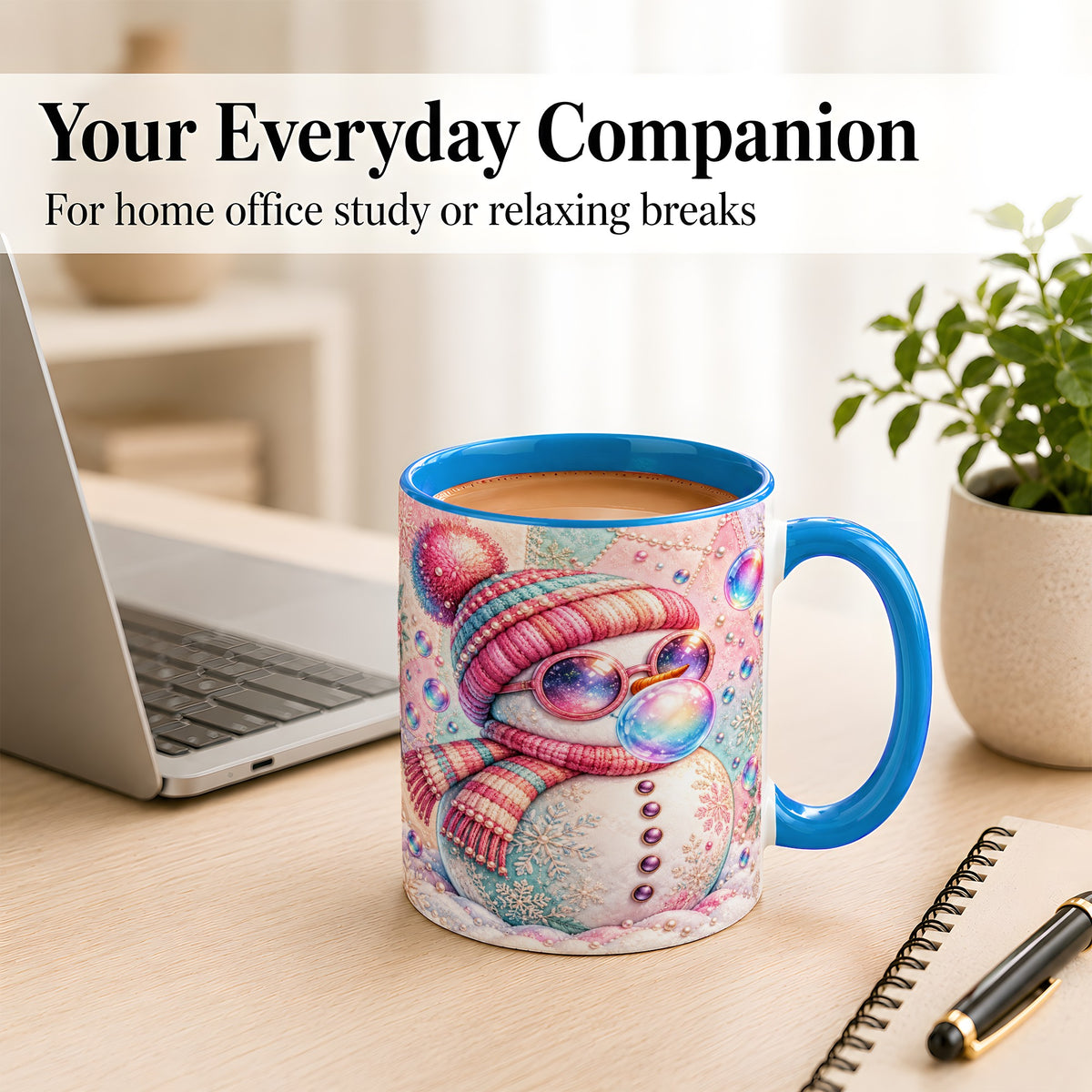 #pl[11oz|Blue] Pink Snowman Coffee Mug, Cozy Winter Snowman Mug, Ceramic Cup