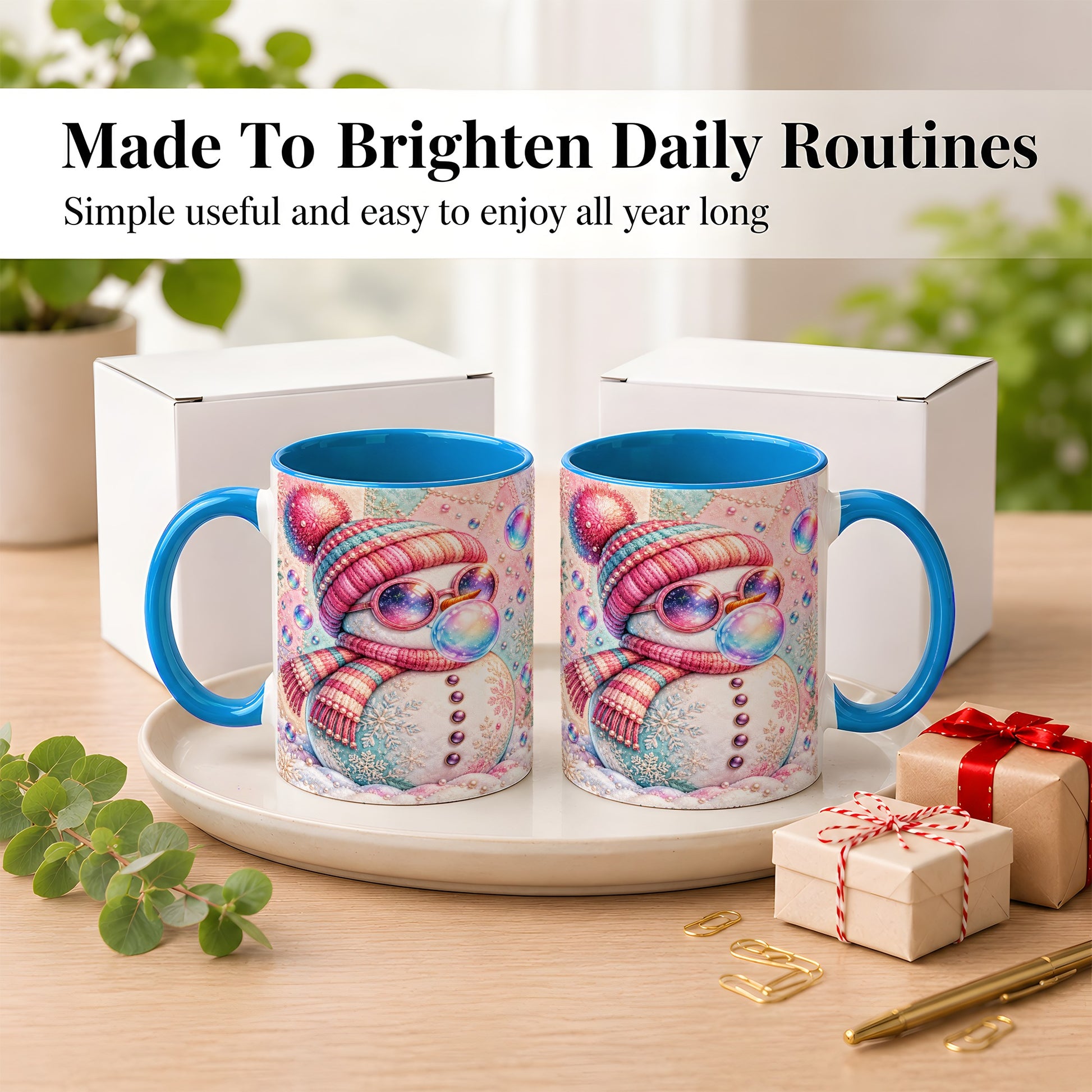 #pl[11oz|Blue] Pink Snowman Coffee Mug, Cozy Winter Snowman Mug, Ceramic Cup