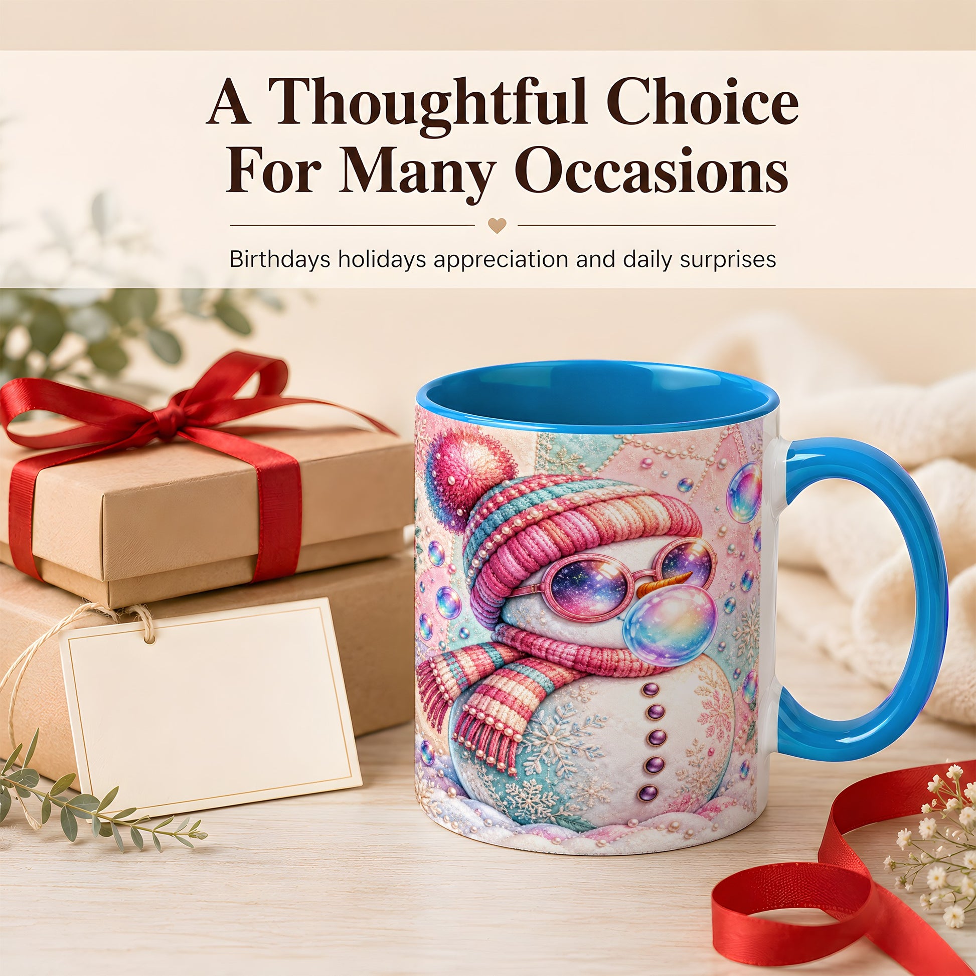 #pl[11oz|Blue] Pink Snowman Coffee Mug, Cozy Winter Snowman Mug, Ceramic Cup