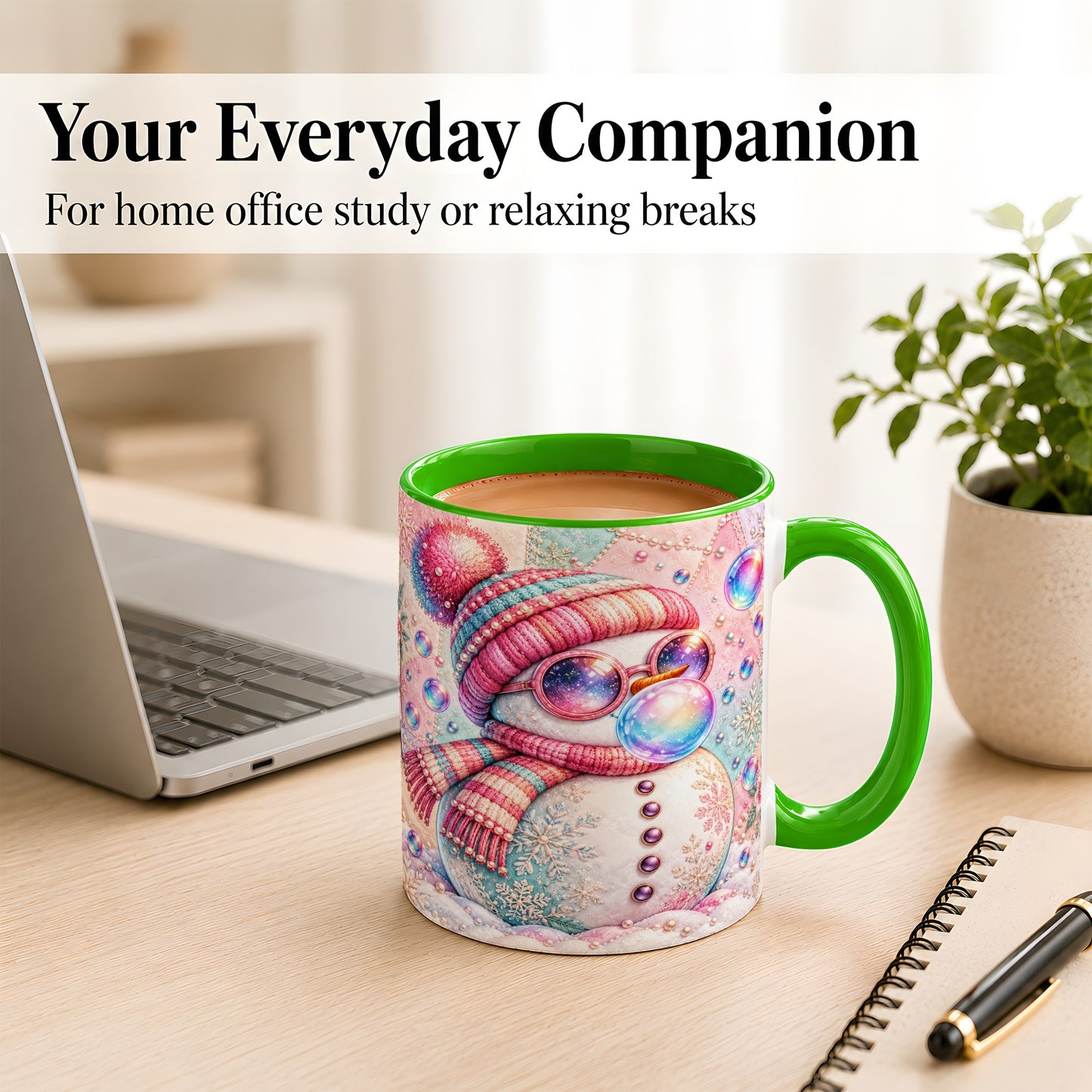 #pl[11oz|Green] Pink Snowman Coffee Mug, Cozy Winter Snowman Mug, Ceramic Cup
