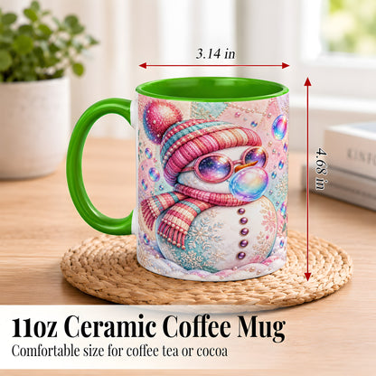 #pl[11oz|Green] Pink Snowman Coffee Mug, Cozy Winter Snowman Mug, Ceramic Cup