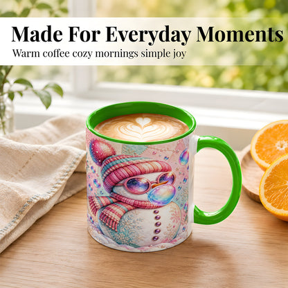 #pl[11oz|Green] Pink Snowman Coffee Mug, Cozy Winter Snowman Mug, Ceramic Cup