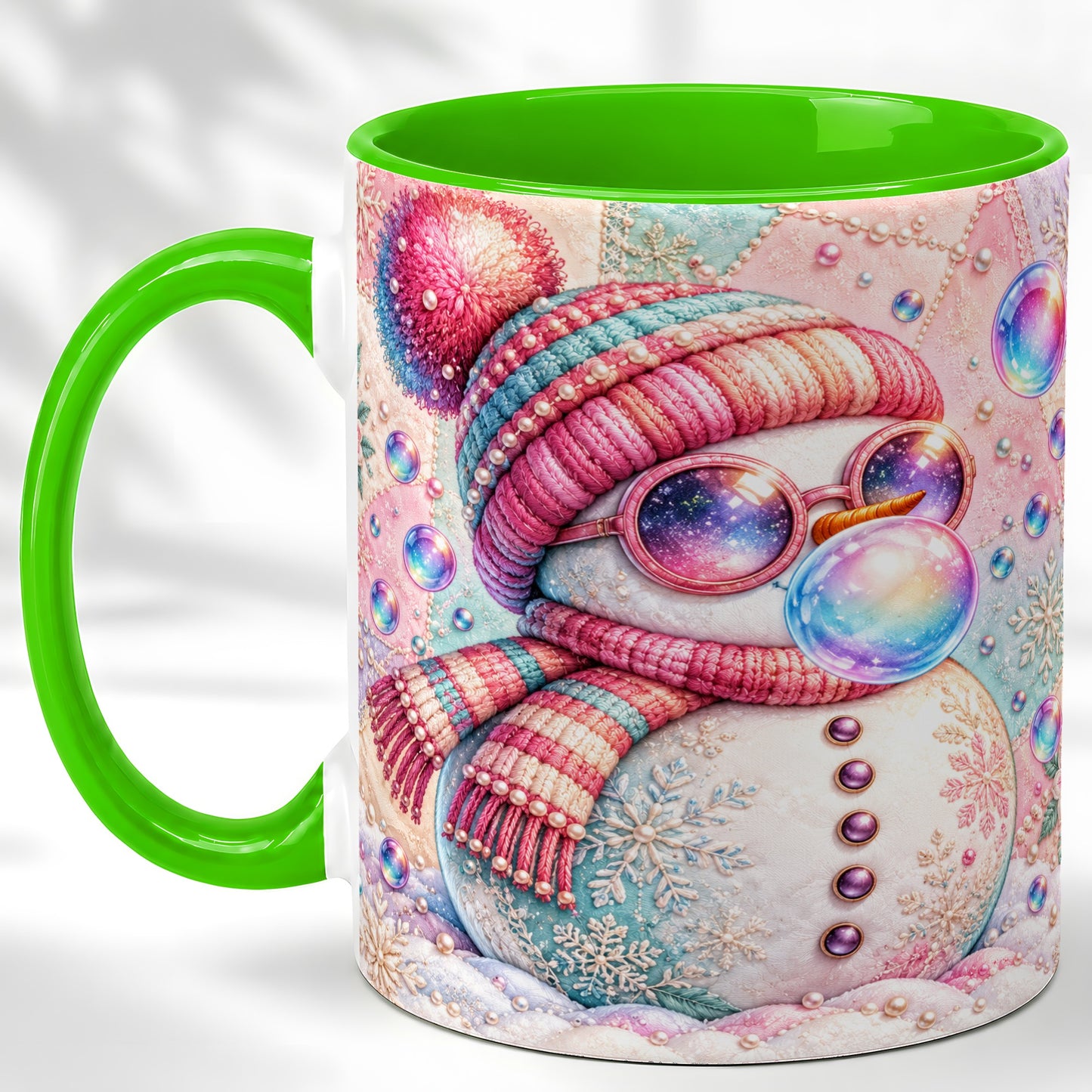 #pl[11oz|Green] Pink Snowman Coffee Mug, Cozy Winter Snowman Mug, Ceramic Cup