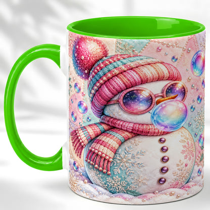 #pl[11oz|Green] Pink Snowman Coffee Mug, Cozy Winter Snowman Mug, Ceramic Cup