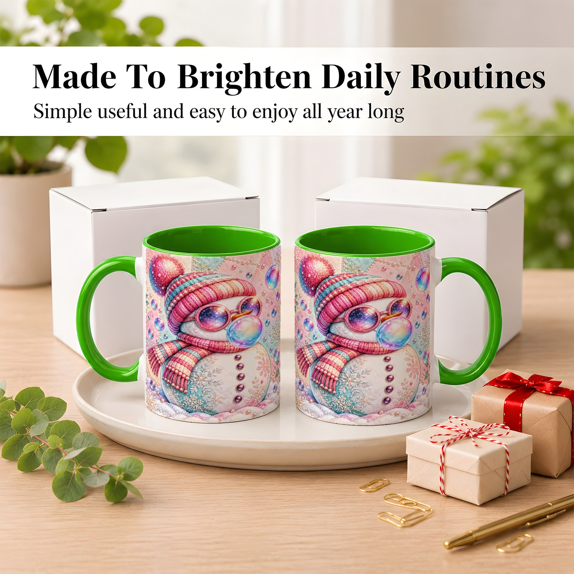 #pl[11oz|Green] Pink Snowman Coffee Mug, Cozy Winter Snowman Mug, Ceramic Cup