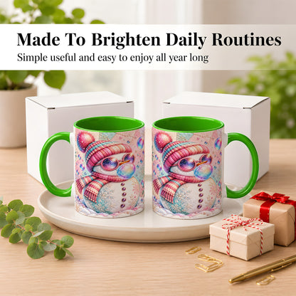 #pl[11oz|Green] Pink Snowman Coffee Mug, Cozy Winter Snowman Mug, Ceramic Cup