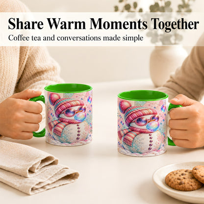 #pl[11oz|Green] Pink Snowman Coffee Mug, Cozy Winter Snowman Mug, Ceramic Cup