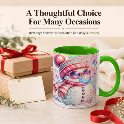 #pl[11oz|Green] Pink Snowman Coffee Mug, Cozy Winter Snowman Mug, Ceramic Cup