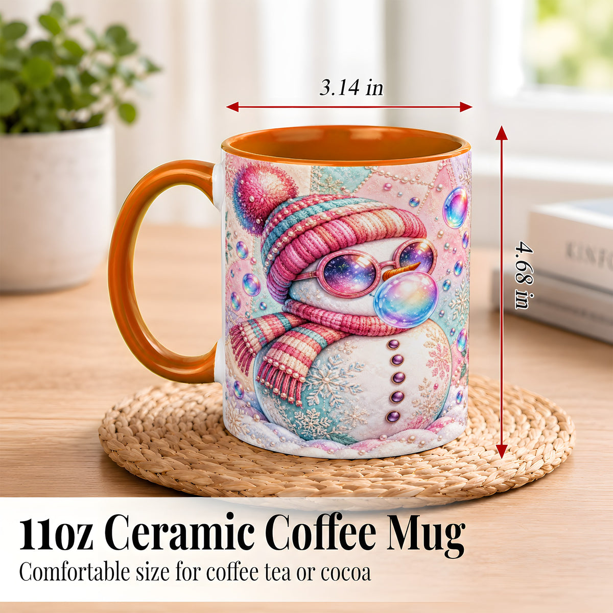 #pl[11oz|Orange] Pink Snowman Coffee Mug, Cozy Winter Snowman Mug, Ceramic Cup