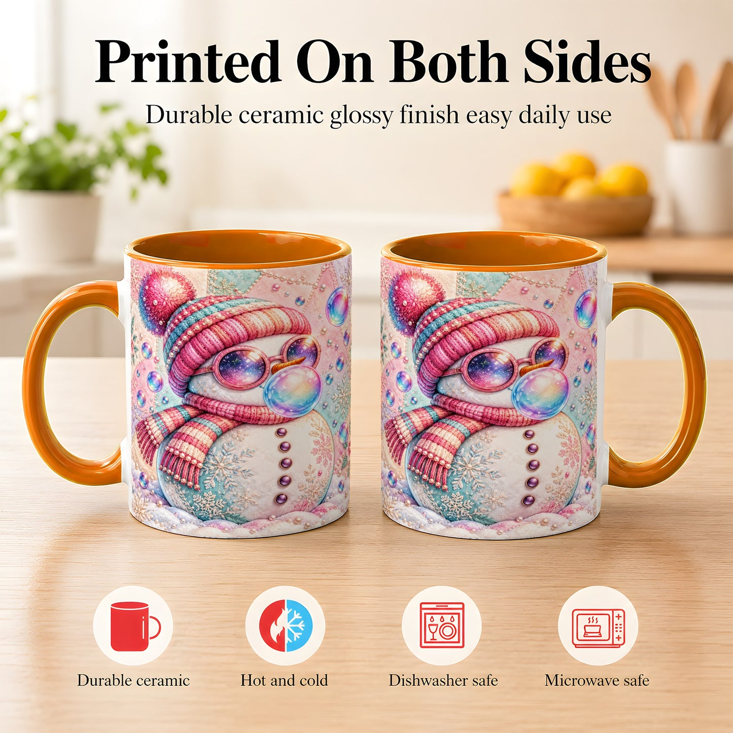#pl[11oz|Orange] Pink Snowman Coffee Mug, Cozy Winter Snowman Mug, Ceramic Cup