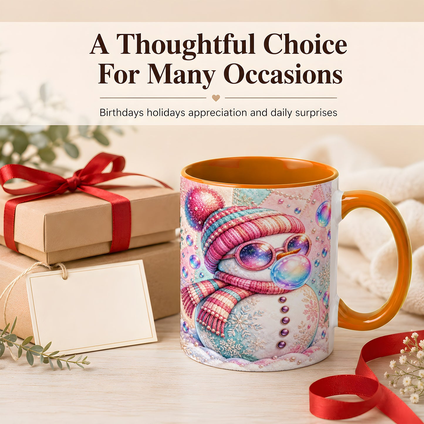 #pl[11oz|Orange] Pink Snowman Coffee Mug, Cozy Winter Snowman Mug, Ceramic Cup