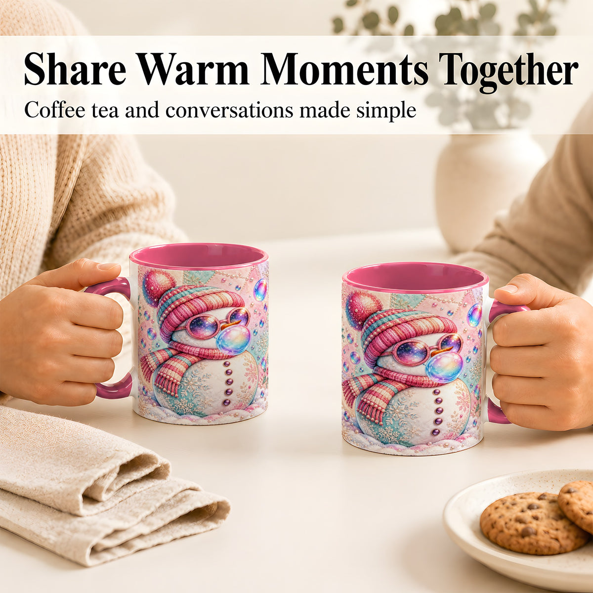 #pl[11oz|Pink] Pink Snowman Coffee Mug, Cozy Winter Snowman Mug, Ceramic Cup