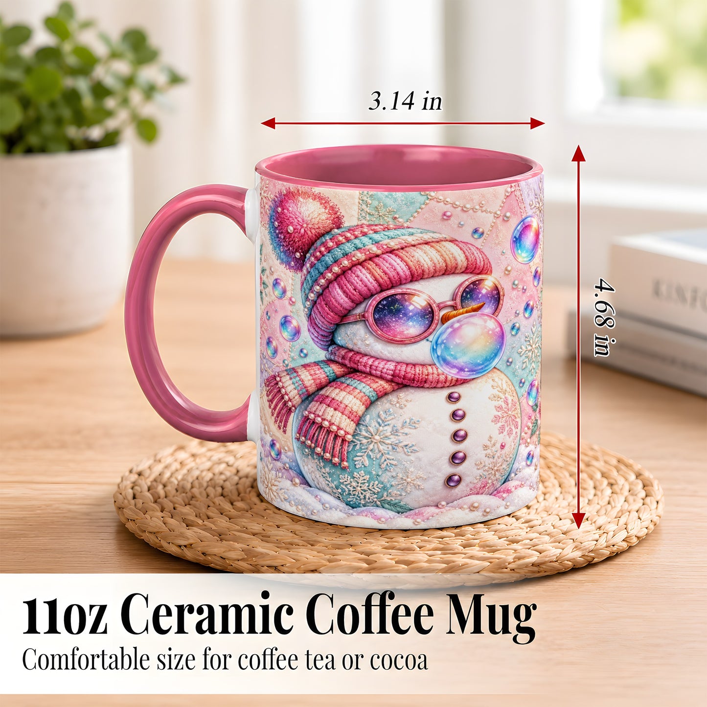 #pl[11oz|Pink] Pink Snowman Coffee Mug, Cozy Winter Snowman Mug, Ceramic Cup