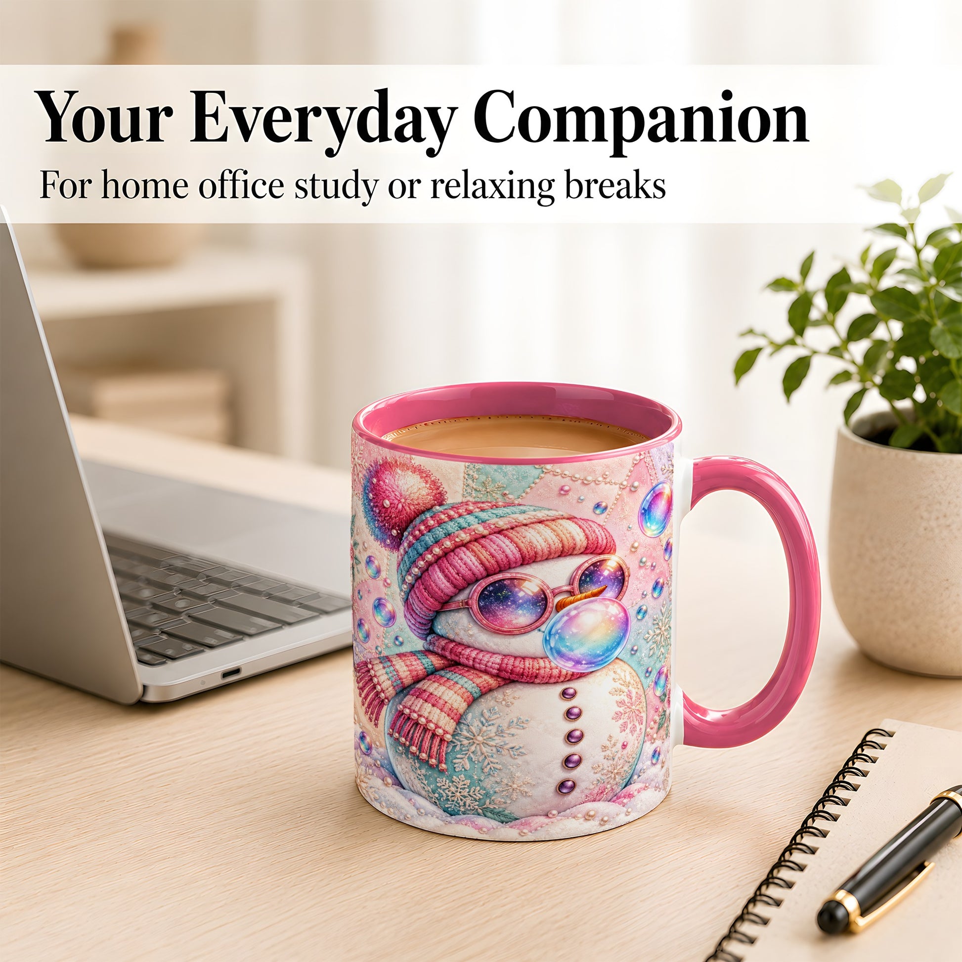 #pl[11oz|Pink] Pink Snowman Coffee Mug, Cozy Winter Snowman Mug, Ceramic Cup