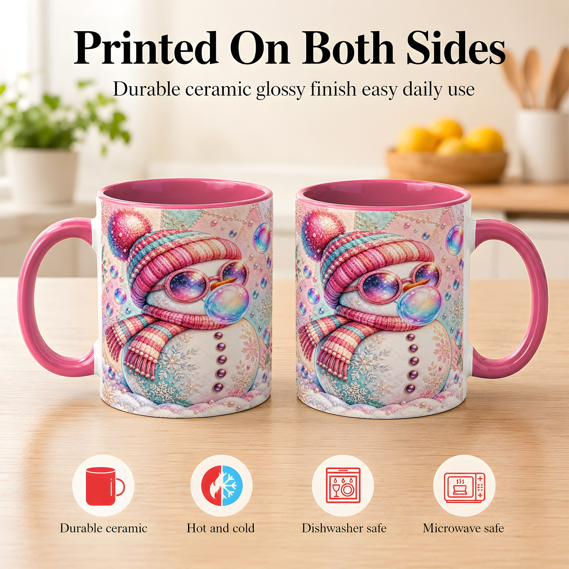 #pl[11oz|Pink] Pink Snowman Coffee Mug, Cozy Winter Snowman Mug, Ceramic Cup