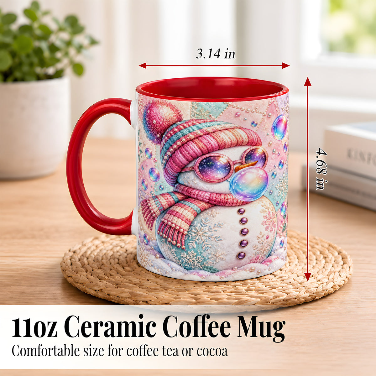 #pl[11oz|Red] Pink Snowman Coffee Mug, Cozy Winter Snowman Mug, Ceramic Cup