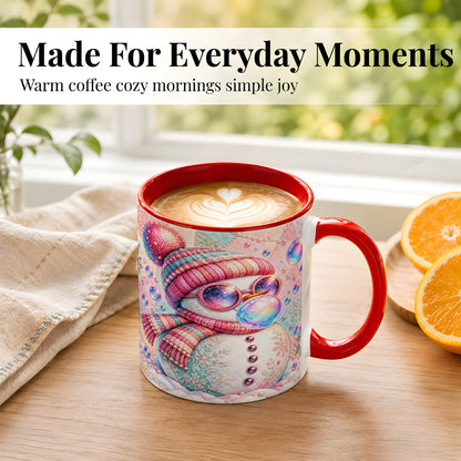 #pl[11oz|Red] Pink Snowman Coffee Mug, Cozy Winter Snowman Mug, Ceramic Cup