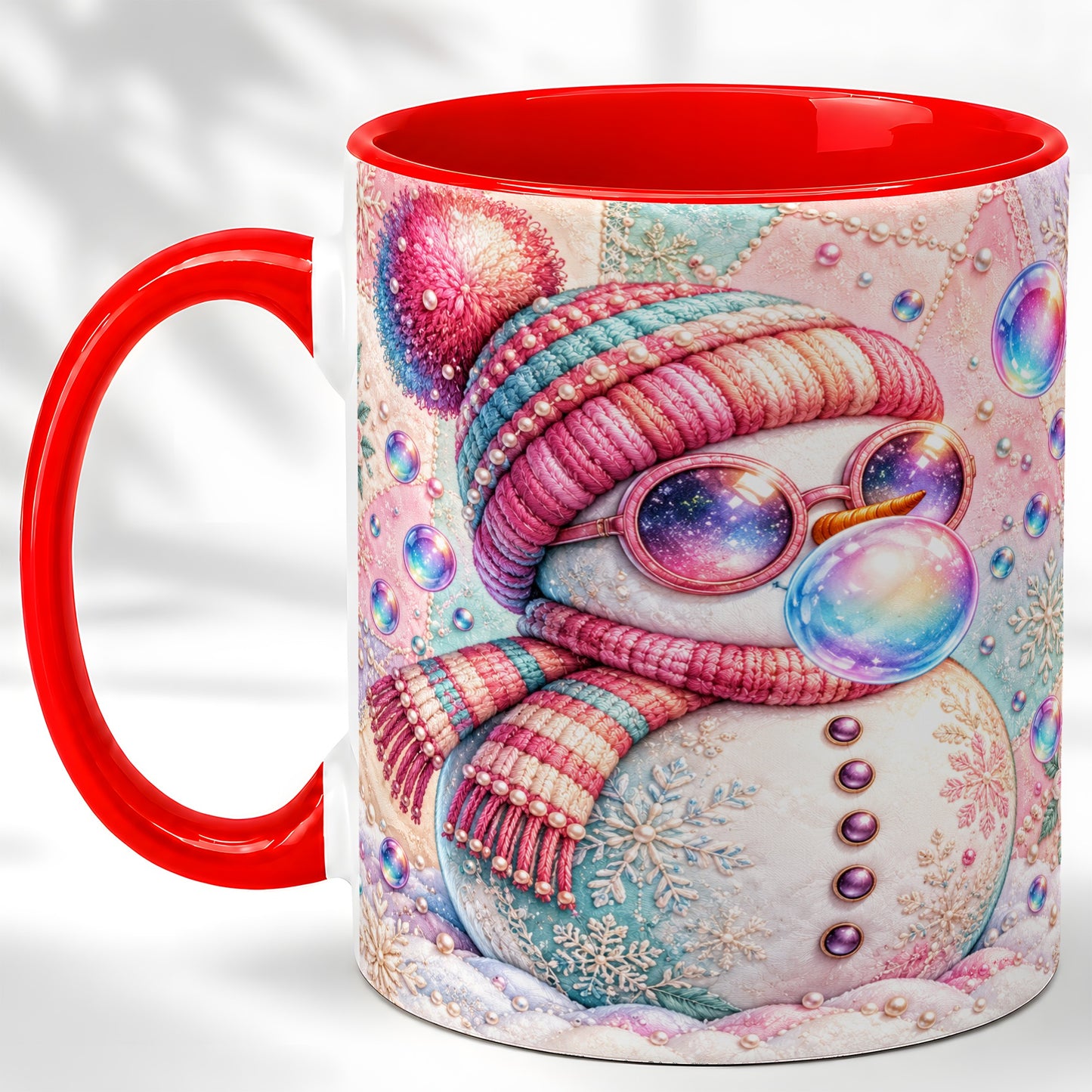 Pink Snowman Coffee Mug, Cozy Winter Snowman Mug, Ceramic Cup