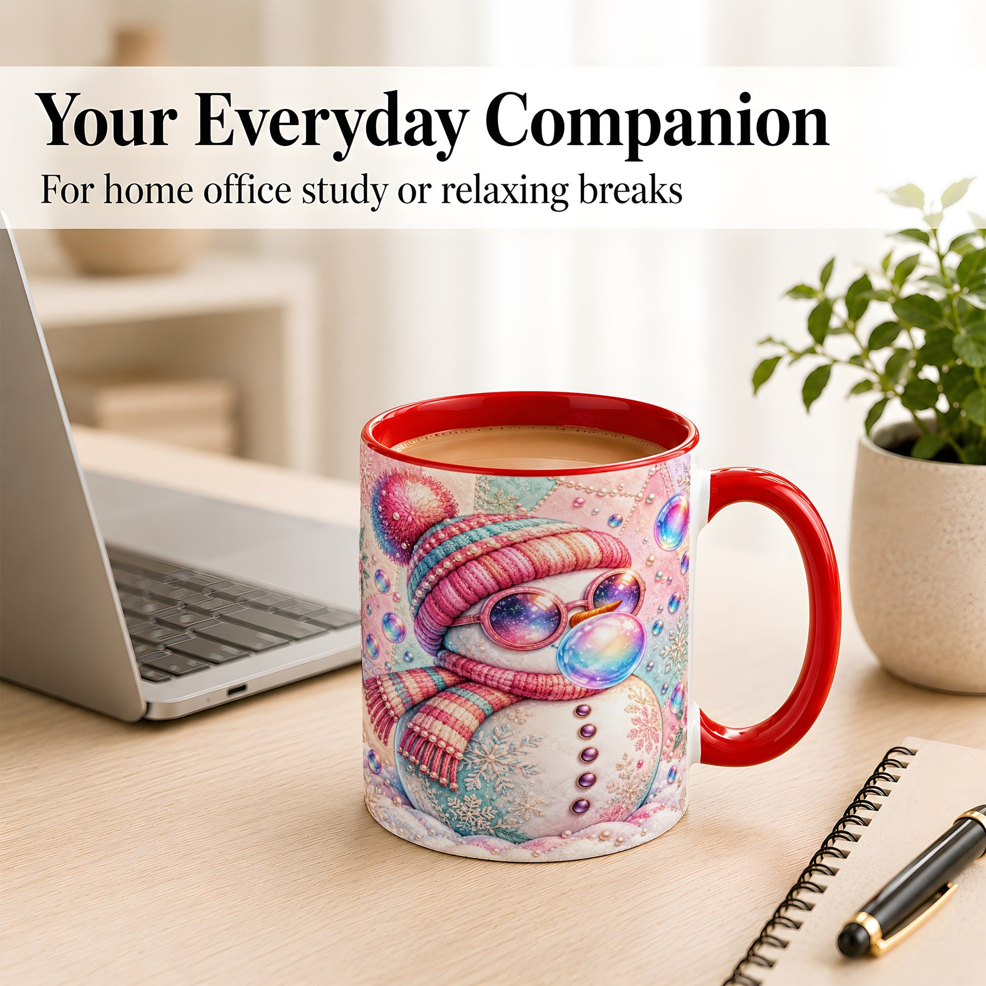 #pl[11oz|Red] Pink Snowman Coffee Mug, Cozy Winter Snowman Mug, Ceramic Cup