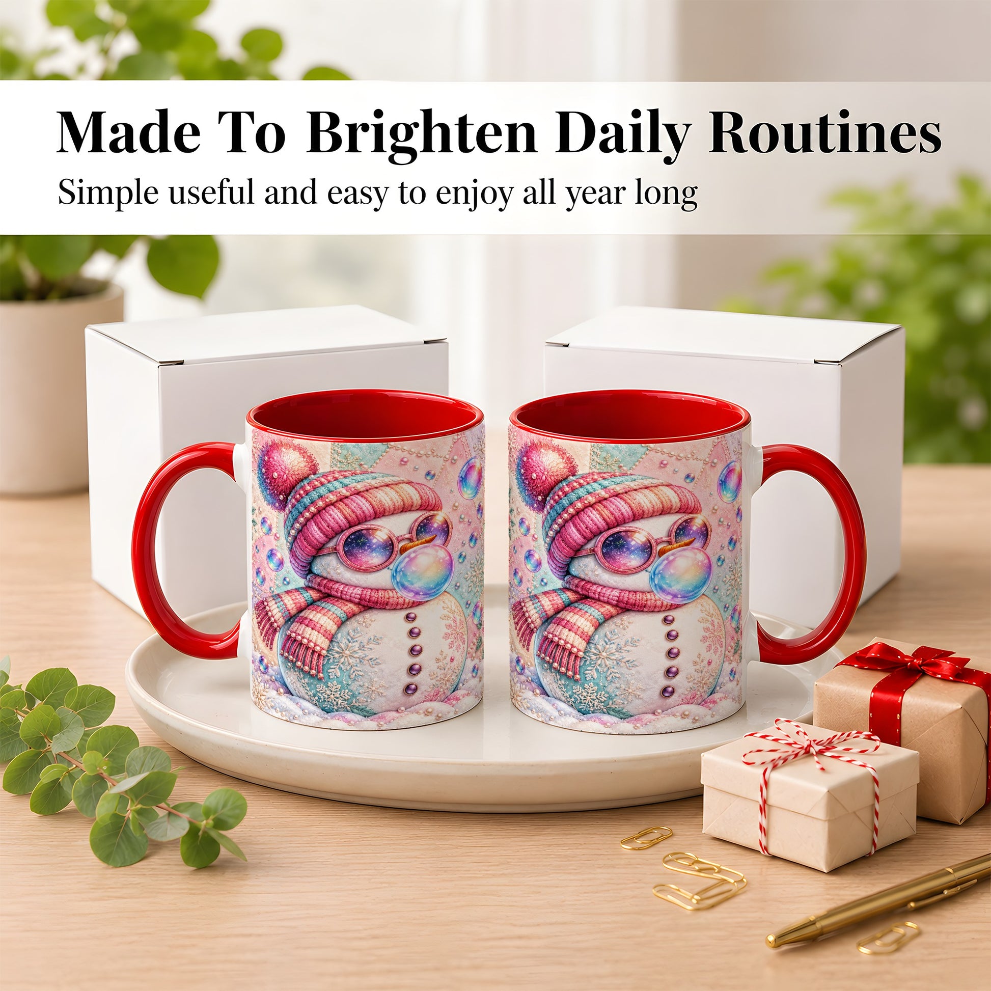 #pl[11oz|Red] Pink Snowman Coffee Mug, Cozy Winter Snowman Mug, Ceramic Cup