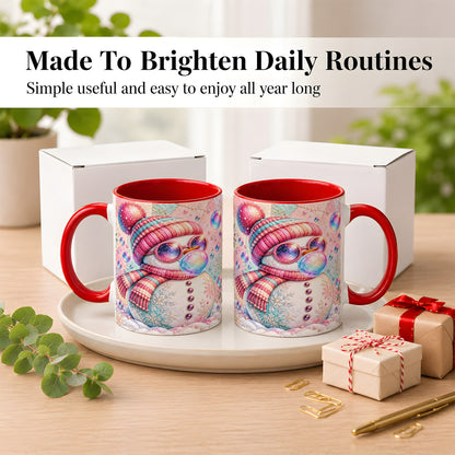 #pl[11oz|Red] Pink Snowman Coffee Mug, Cozy Winter Snowman Mug, Ceramic Cup