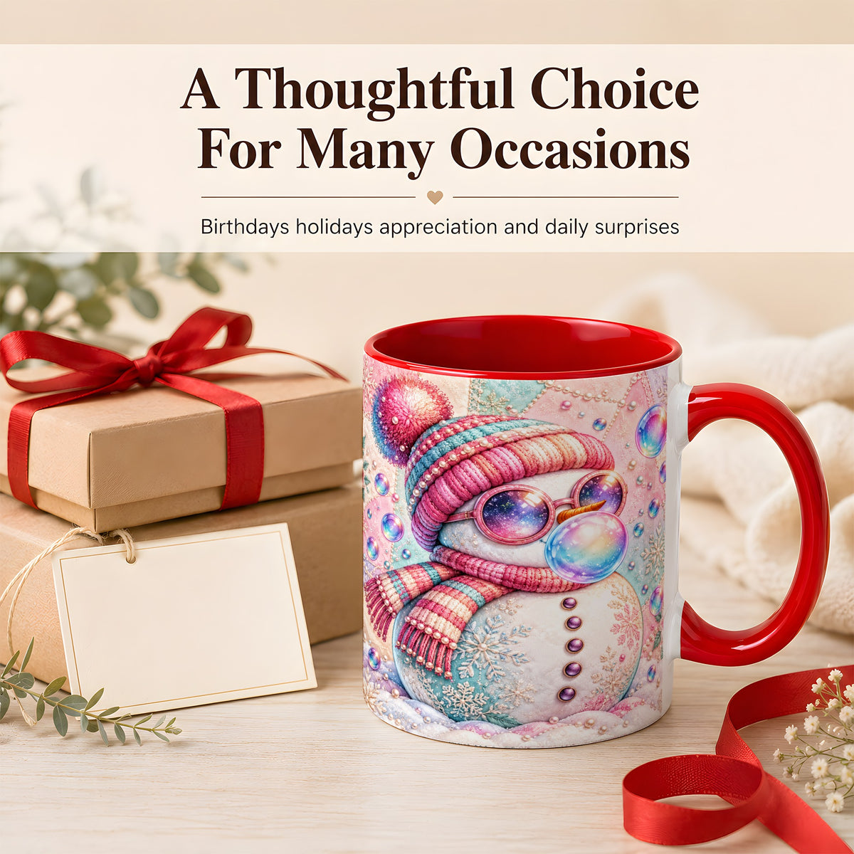 #pl[11oz|Red] Pink Snowman Coffee Mug, Cozy Winter Snowman Mug, Ceramic Cup