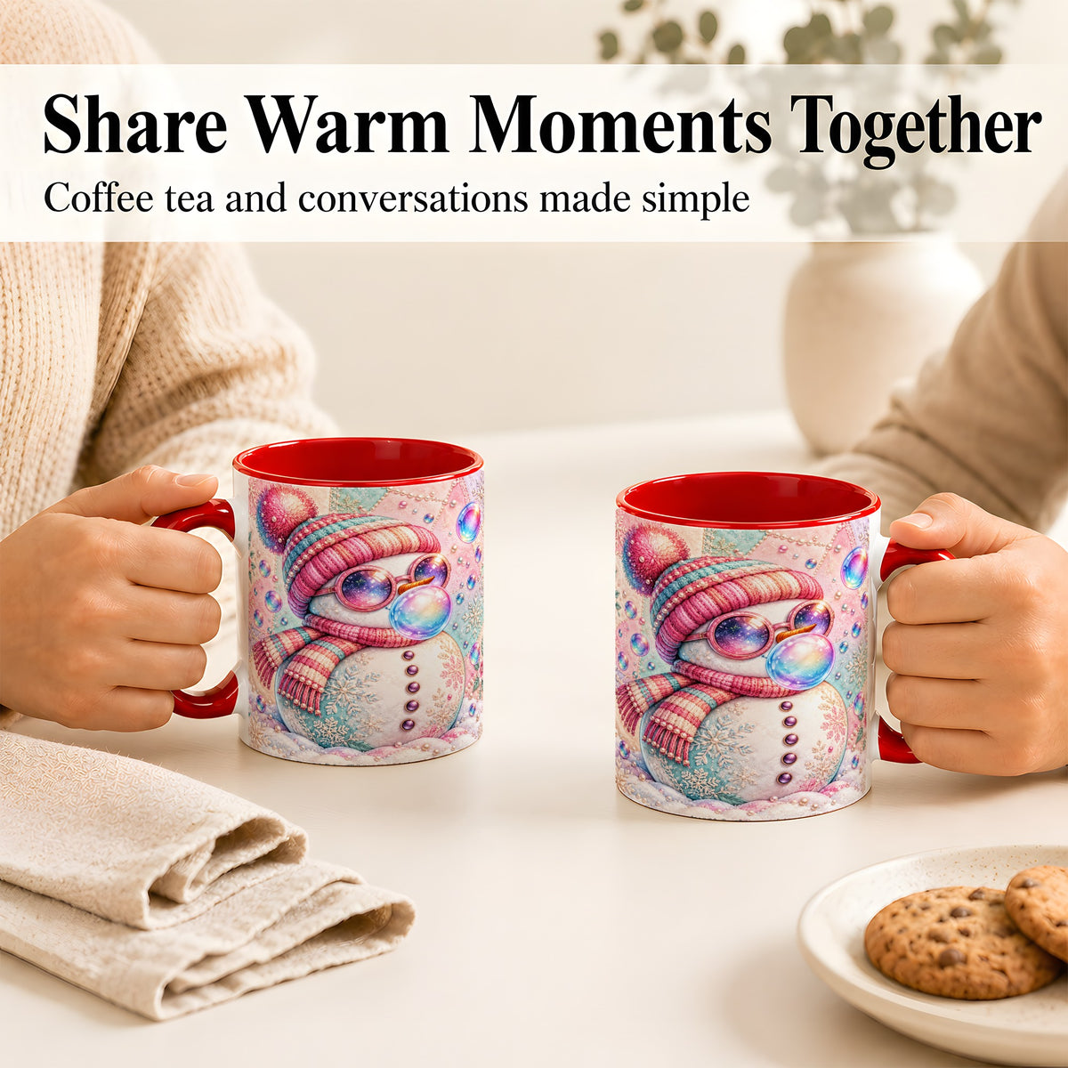 #pl[11oz|Red] Pink Snowman Coffee Mug, Cozy Winter Snowman Mug, Ceramic Cup