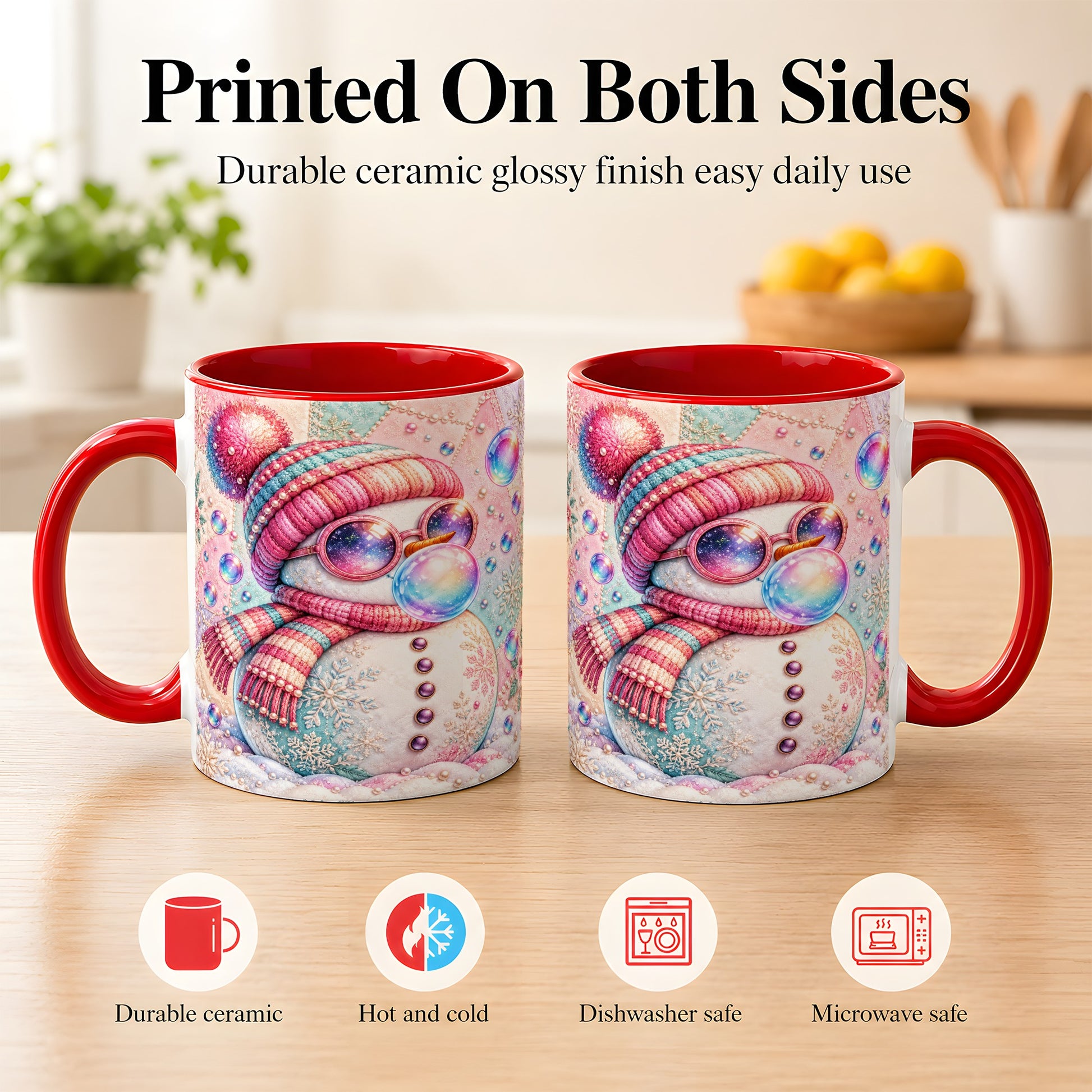 #pl[11oz|Red] Pink Snowman Coffee Mug, Cozy Winter Snowman Mug, Ceramic Cup