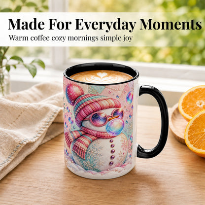 #pl[15oz|Black] Pink Snowman Coffee Mug, Cozy Winter Snowman Mug, Ceramic Cup