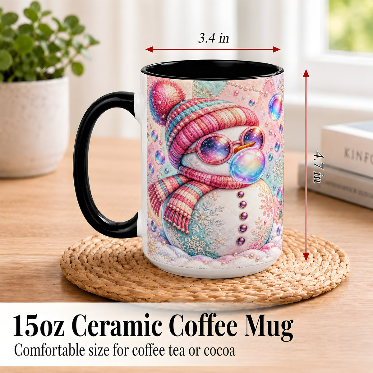 #pl[15oz|Black] Pink Snowman Coffee Mug, Cozy Winter Snowman Mug, Ceramic Cup