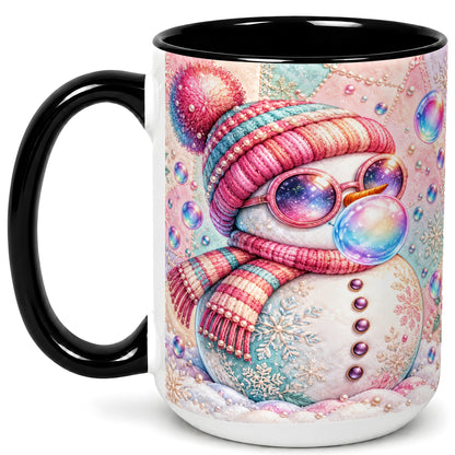#pl[15oz|Black] Pink Snowman Coffee Mug, Cozy Winter Snowman Mug, Ceramic Cup