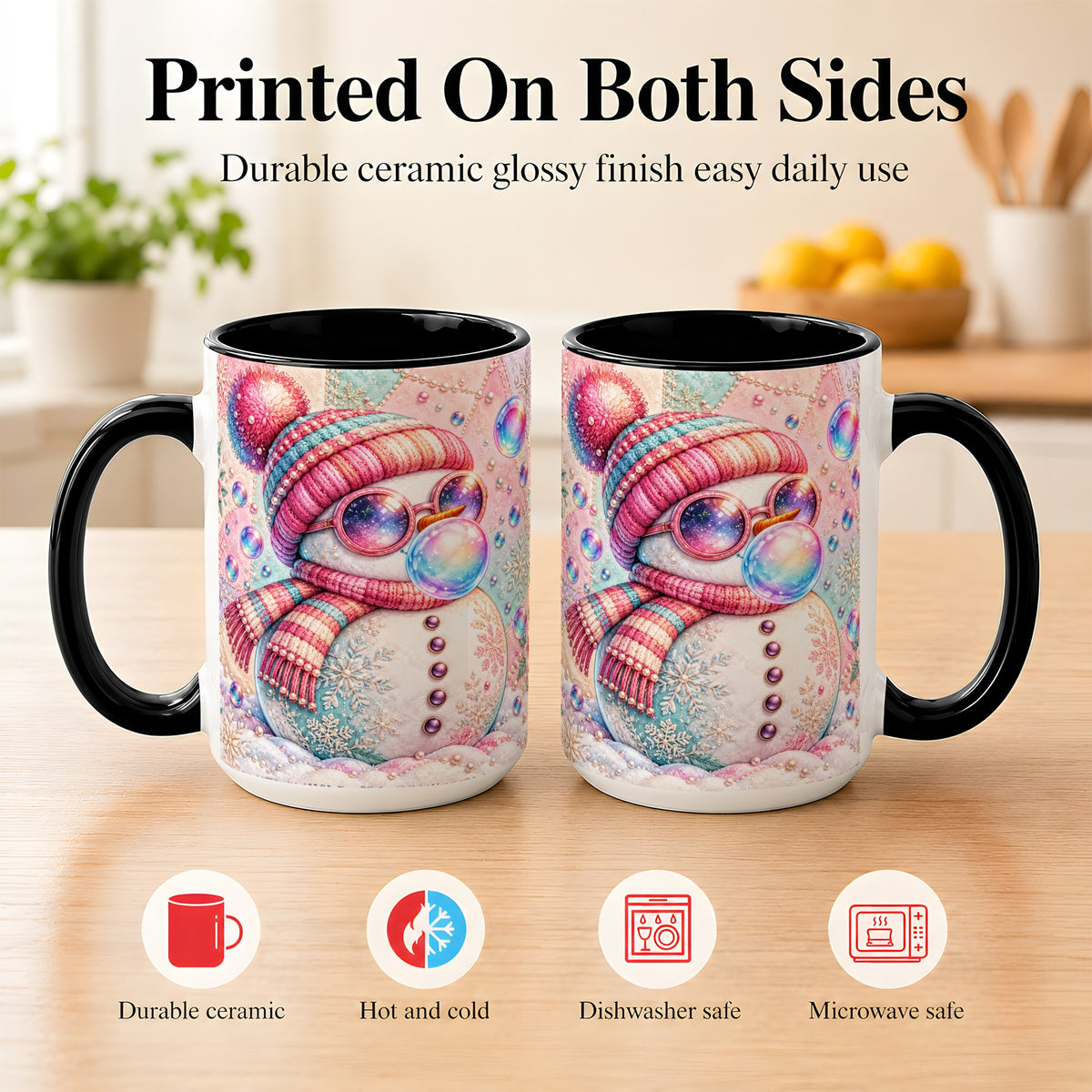 #pl[15oz|Black] Pink Snowman Coffee Mug, Cozy Winter Snowman Mug, Ceramic Cup