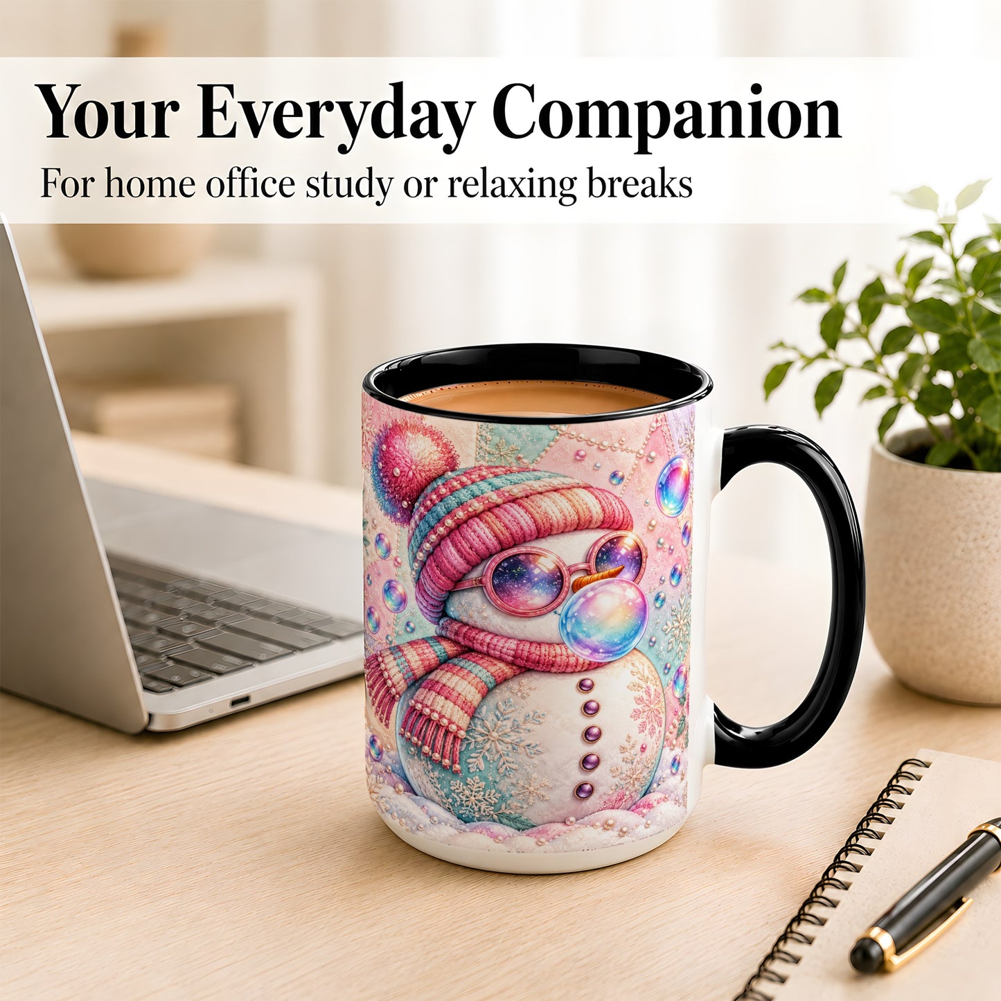 #pl[15oz|Black] Pink Snowman Coffee Mug, Cozy Winter Snowman Mug, Ceramic Cup