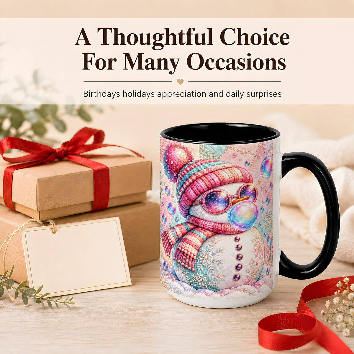 #pl[15oz|Black] Pink Snowman Coffee Mug, Cozy Winter Snowman Mug, Ceramic Cup