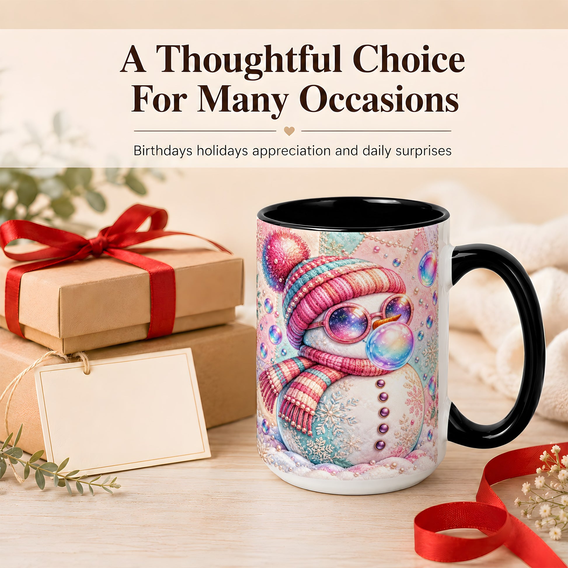 #pl[15oz|Black] Pink Snowman Coffee Mug, Cozy Winter Snowman Mug, Ceramic Cup