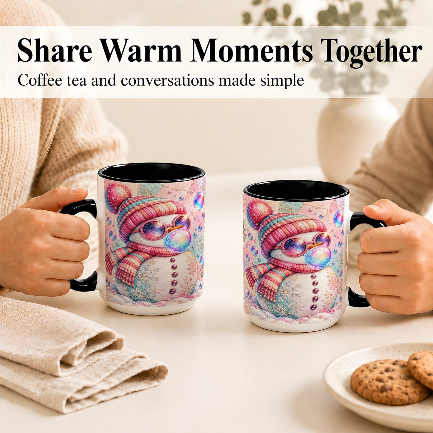 #pl[15oz|Black] Pink Snowman Coffee Mug, Cozy Winter Snowman Mug, Ceramic Cup