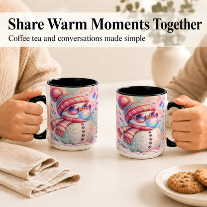 #pl[15oz|Black] Pink Snowman Coffee Mug, Cozy Winter Snowman Mug, Ceramic Cup
