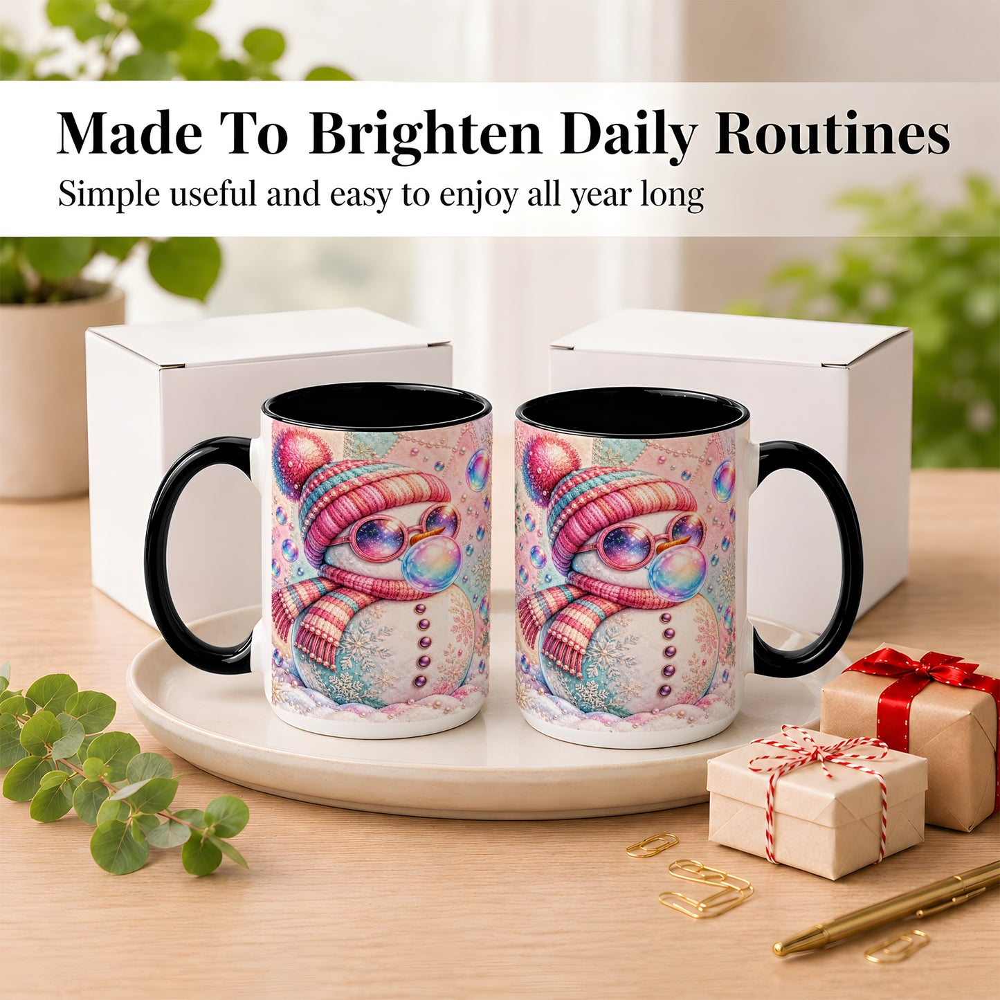 #pl[15oz|Black] Pink Snowman Coffee Mug, Cozy Winter Snowman Mug, Ceramic Cup