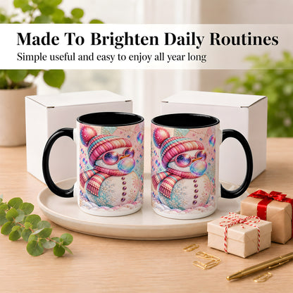#pl[15oz|Black] Pink Snowman Coffee Mug, Cozy Winter Snowman Mug, Ceramic Cup